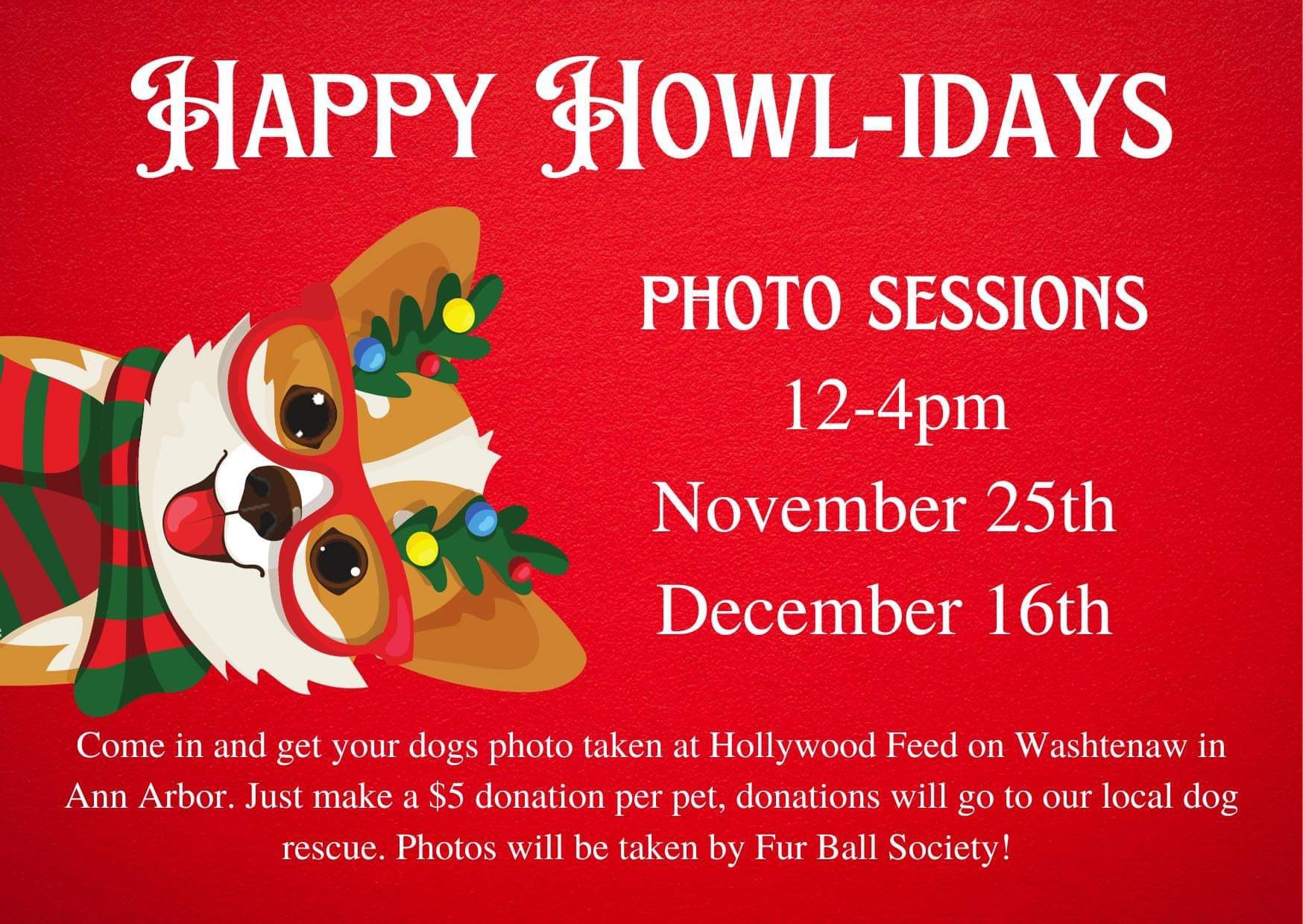 Nov. 25 and Dec. 16 get your pet's photo with Santa at Hollywood Feed