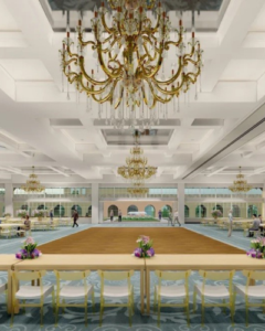 The Monarch Ballroom at Saint John's Resort: a magnificent, airy ballroom with an elaborate chandelier overhead